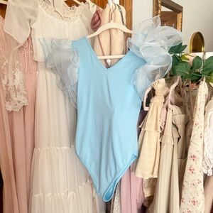 Baby Blue Bodysuit With Chiffon Flutter Sleeves
